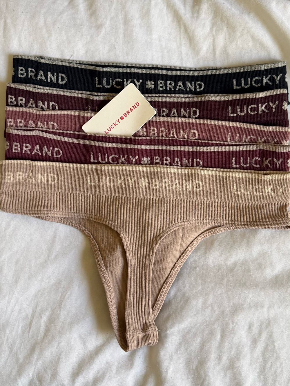 Lucky Brand Ribbed Thong Set - Black, Burgundy, Mauve, Taupe